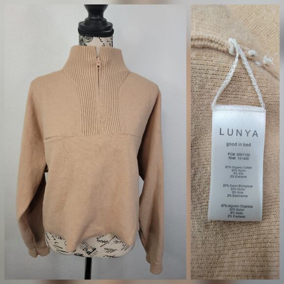 LUNYA Sweater Womens Sz Small Tan Crop Cozy Cotton Silk Pullover - Picture 1 of 11